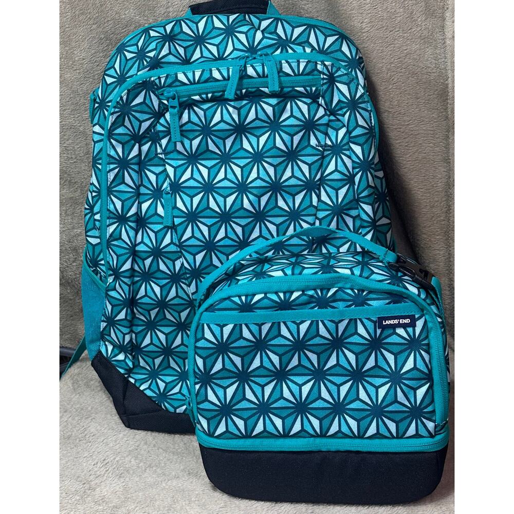 Lands End Backpack Lunch Box Set Teal Geometric Print NWT School Bag Bundle